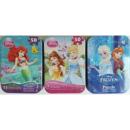 The Little Mermaid Mixed 3 Collectible Girls Mini Jigsaw Puzzles in Travel Tin Cases: Disney Kids The Tree Princesses Frozen Gift Set Bundle 48/50 Pieces